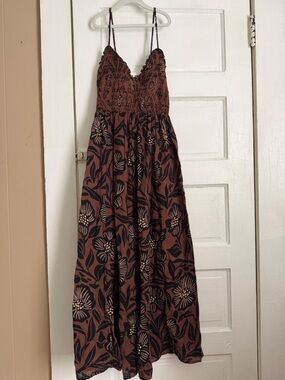 FREE PEOPLE sweet nothings Brown Floral Smocked Midi Dress